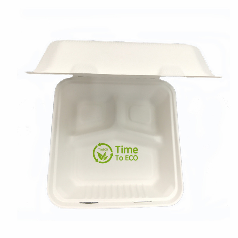 9 inch 3 Compartments sugarcane bagasse clamshell box