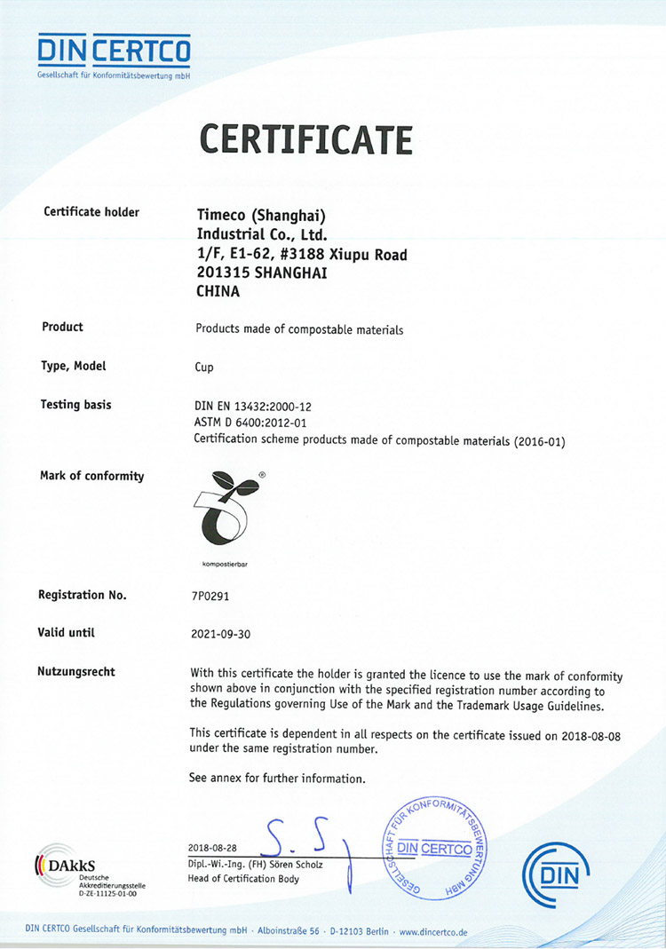Compostable certificate for Sugarcane paper cups